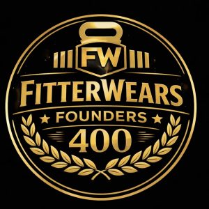 Gold circular logo with weights and laurel wreath on a black background, featuring the text "Join the FitterWears Founders 400.