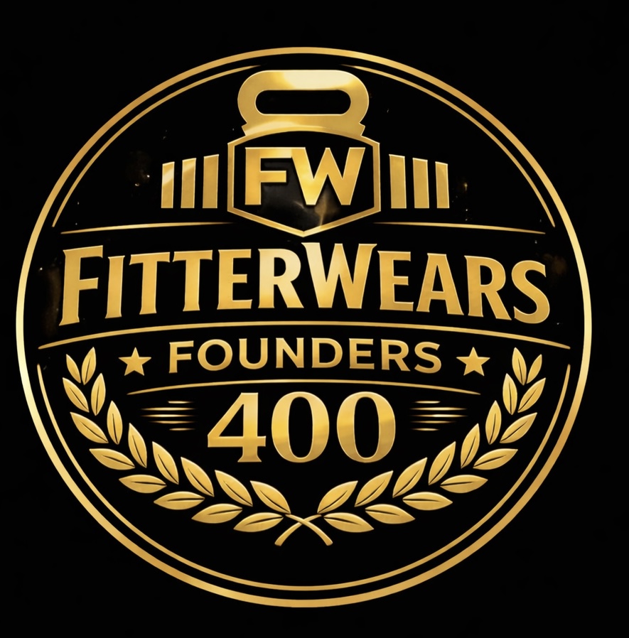 FW Badge Gold circular logo with weights and laurel wreath on a black background, featuring the text "Join the FitterWears Founders 400.