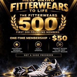 Promotional ad for Join the FitterWears 500 membership, featuring sneakers and exclusive membership benefits on a sleek black and gold background.