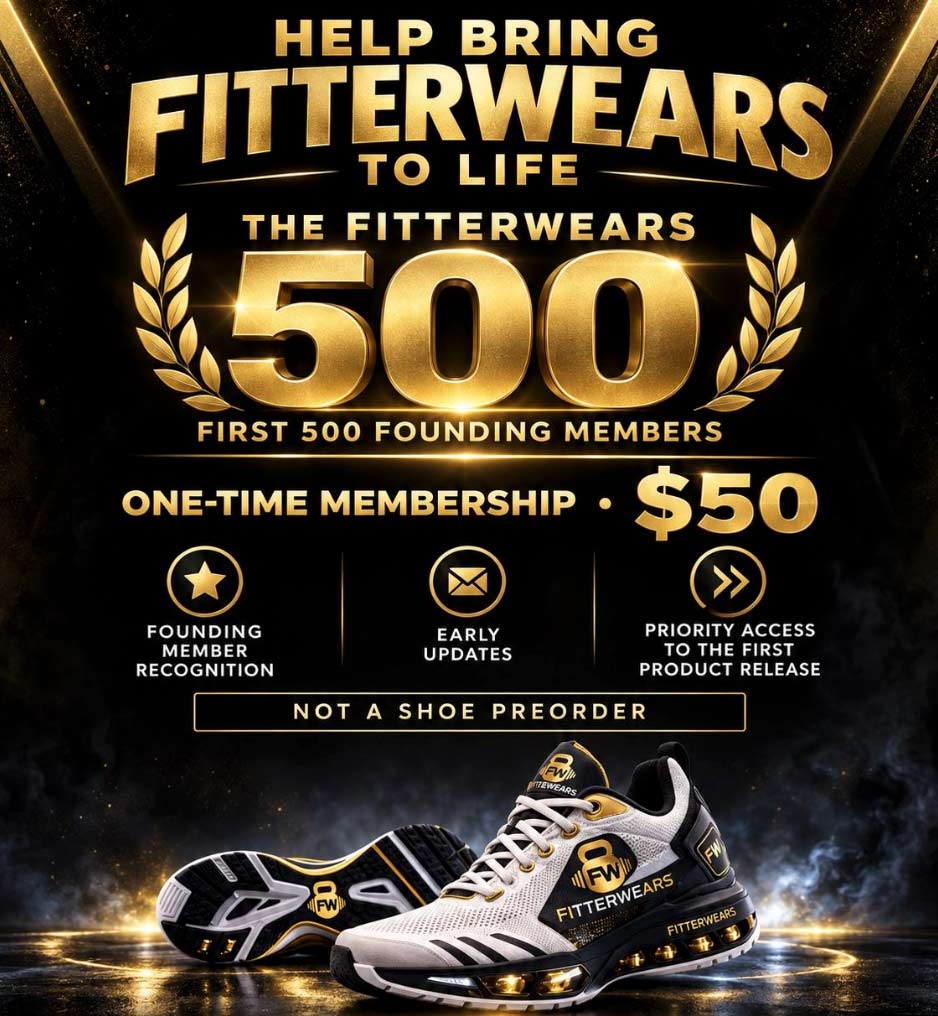 Promotional ad for Join the FitterWears 500 membership, featuring sneakers and exclusive membership benefits on a sleek black and gold background.