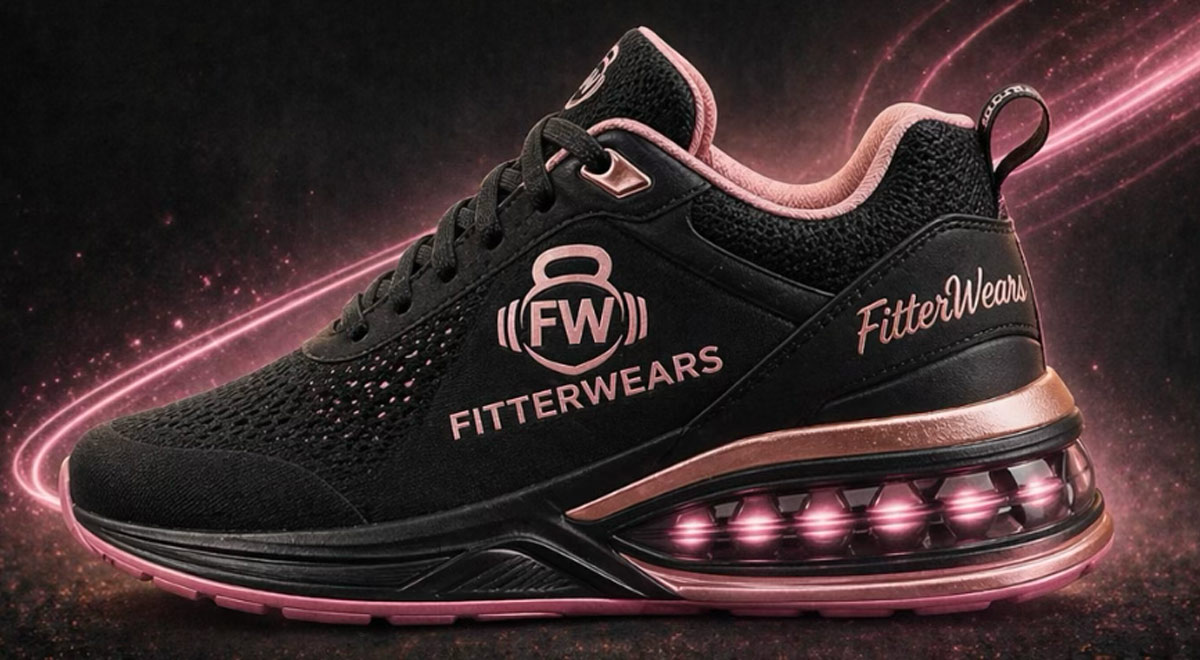 Black and pink FitterWears sneaker with air cushion sole, glowing accents, and brand logo on the side.