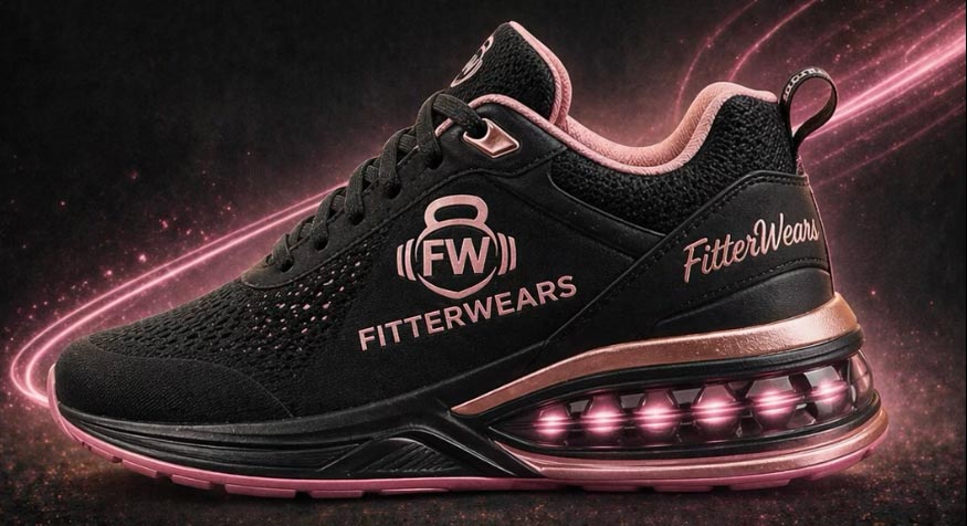 Black and pink FitterWears athletic shoe with air-cushioned sole, glowing background effects.