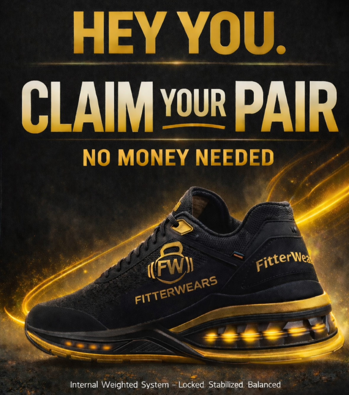 A black and gold Fitterwears sneaker with glowing accents and bold text offering a free pair.