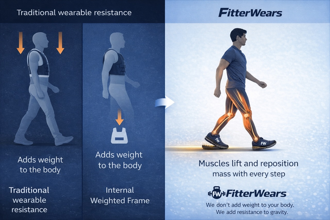 Comparison of traditional weighted vests and FitterWears, highlighting muscle engagement without extra weight.