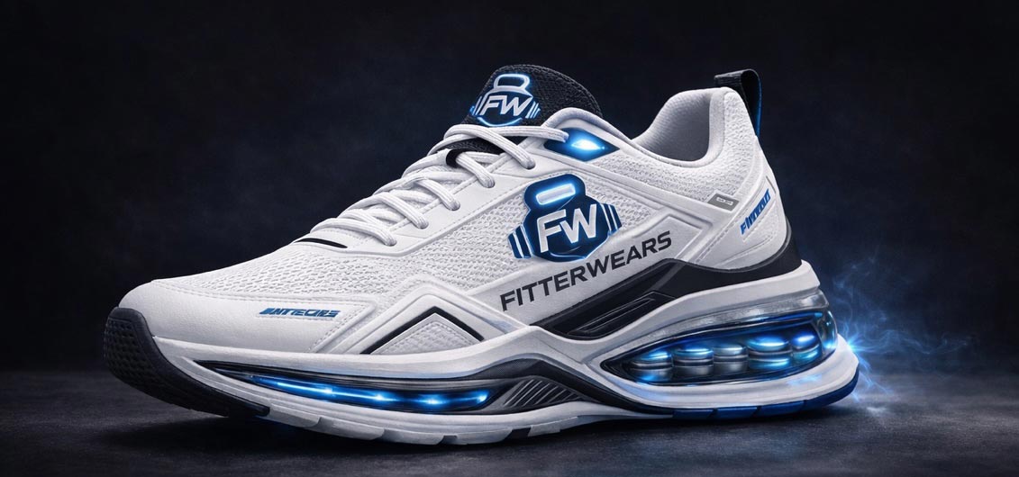 White and blue Fitterwears sneaker with glowing blue accents and a transparent cushioned sole on a dark background.