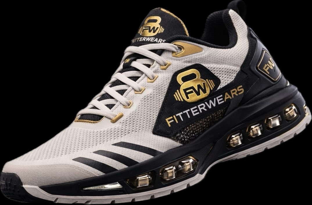 White and black athletic sneaker with gold accents, "FITTERWEARS" branding, and visible air-cushion sole units.