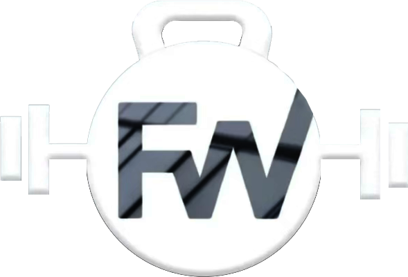 White round badge with the bold black letters "FW" and diagonal reflections, attached to a white plastic clip.