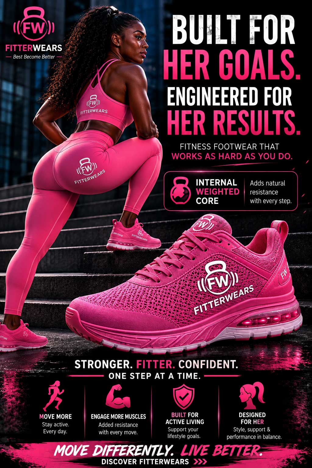 Woman in pink athletic wear and sneakers poses powerfully; text promotes Fitterwears fitness shoes for women.