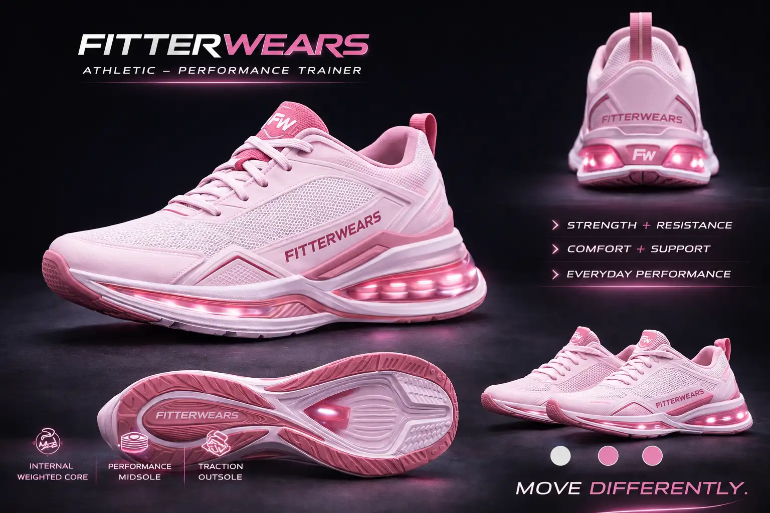 Pink athletic Fitterwears sneaker with labeled features: weighted core, performance midsole, and traction outsole.