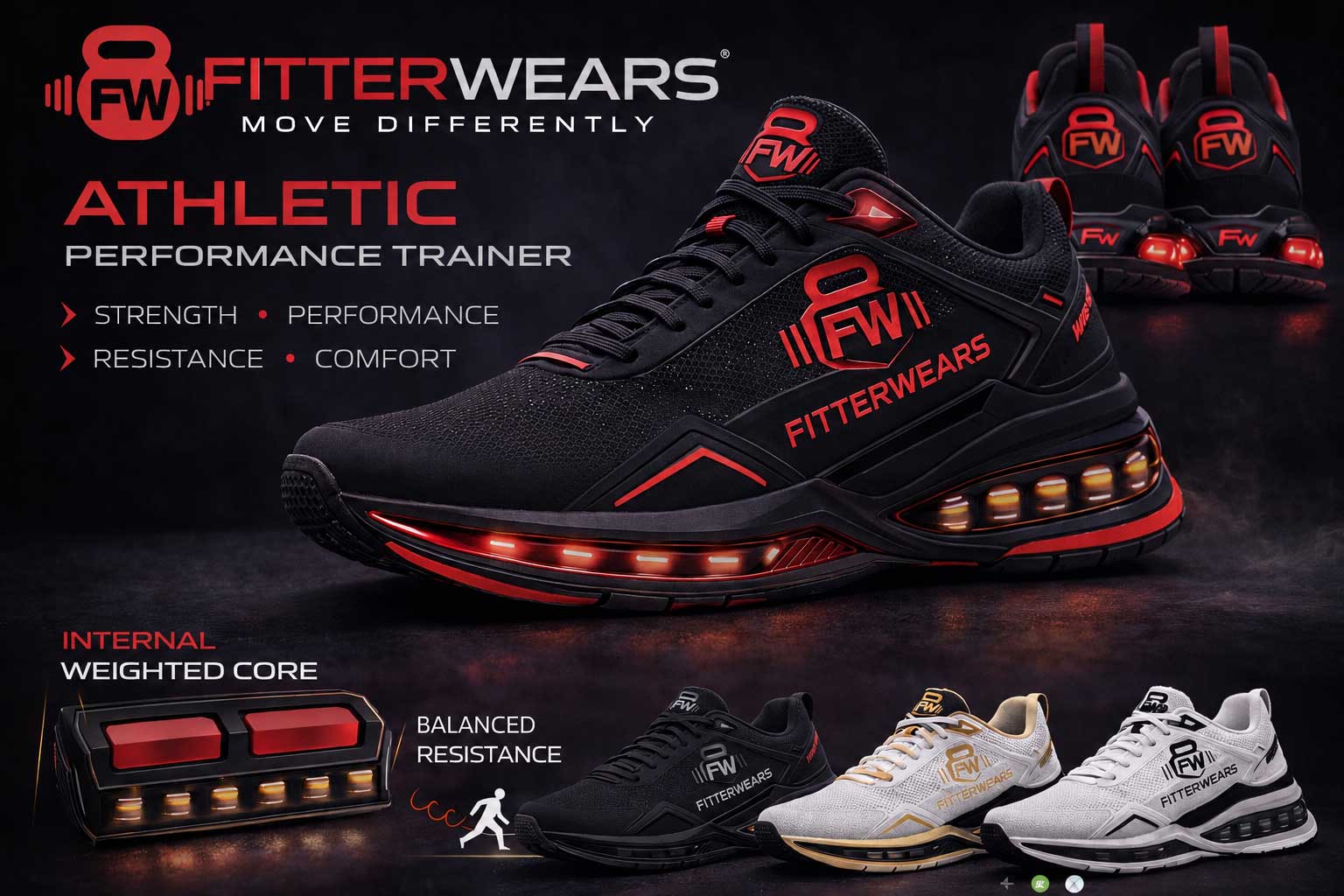 Black FitterWears athletic shoe with red accents, shown with features and three color options below.