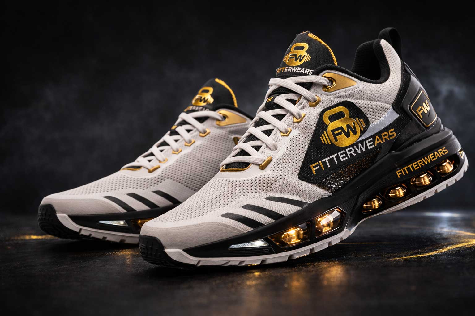 White and black athletic sneakers with gold accents and "FITTERWEARS" branding on a dark background.